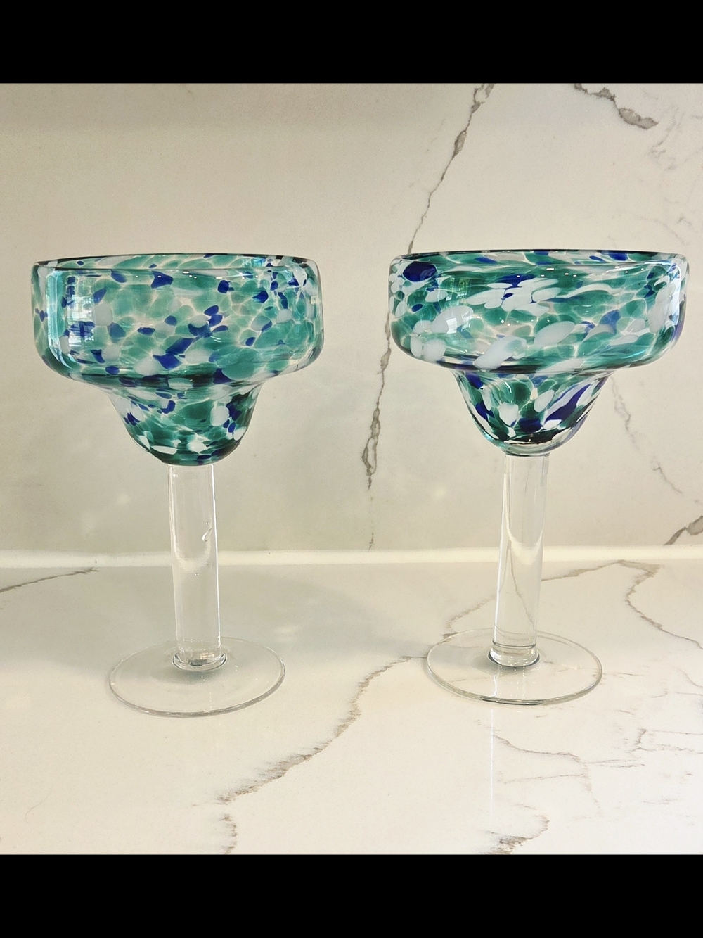 Handblown Glass Margarita Glasses in Teal & Blue (Set of 2)